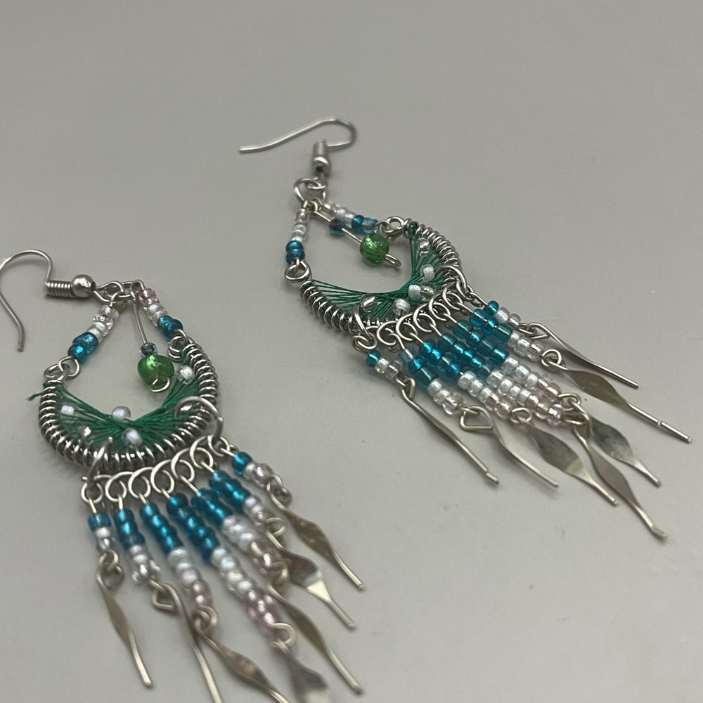 Elegant Silver and Green Beaded Earrings